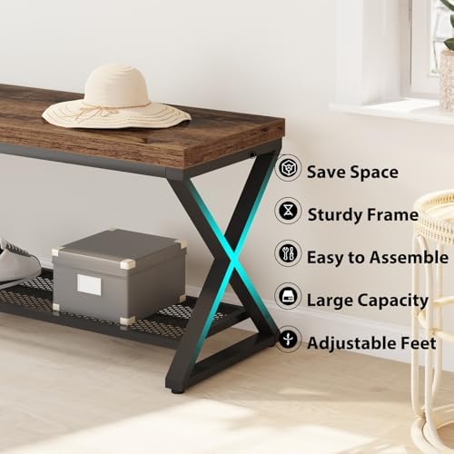 lvb rustic brown entryway bench, 39" industrial shoe showing dimensions