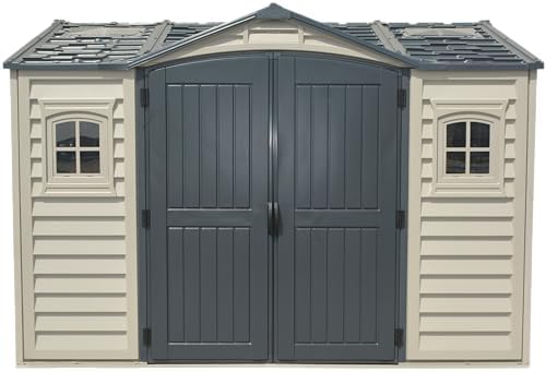 duramax apex pro 10.5x8 dual-access vinyl storage shed, front angle view