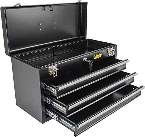 portable 3 drawer tool box, front angle view