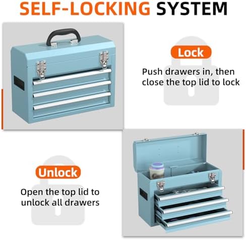 portable metal tool box – 3 drawers lockable, close-up detail