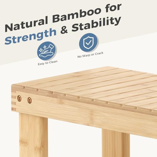 dumos wooden shoe rack bench, 3-tier bamboo entryway showing dimensions