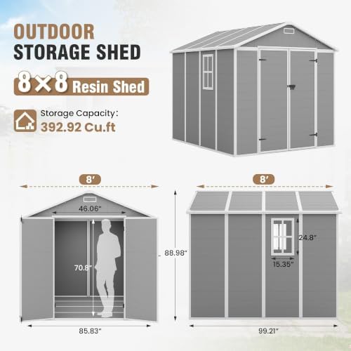 amopatio 8x8 ft storage shed, grey & white shown in use