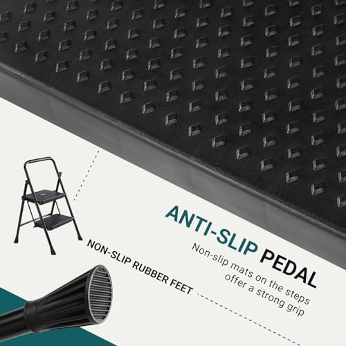 DUMOS Step Ladder, 2 Sturdy Step Stool with Anti-Slip Pedal & Comfortable Handrail, Portable Heavy Duty Stool for Kitchen, Garage & Outdoor Use, 800lbs, Black