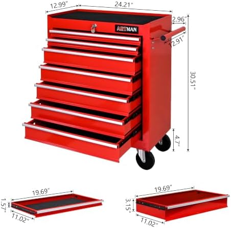 7 drawers rolling tool chest on wheels, multifunctional, close-up detail