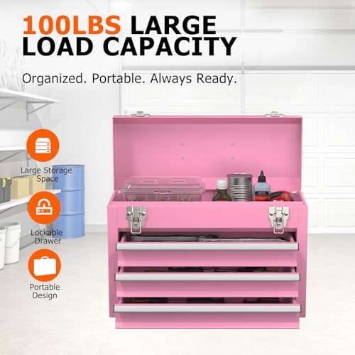 portable metal tool box with drawers, latches tool, close-up detail