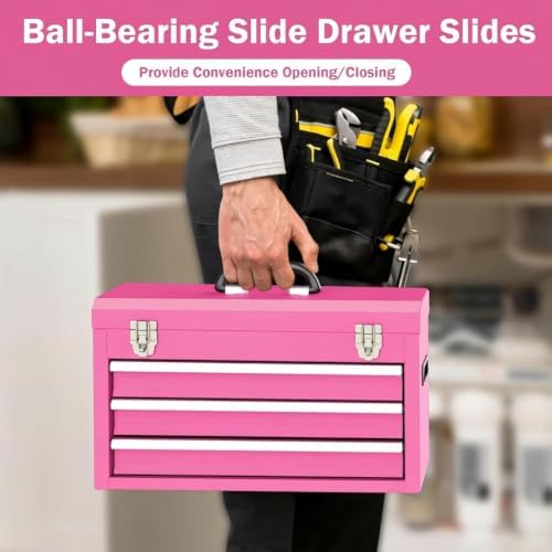 portable metal tool box, 3 drawer steel tool on a desk or shelf