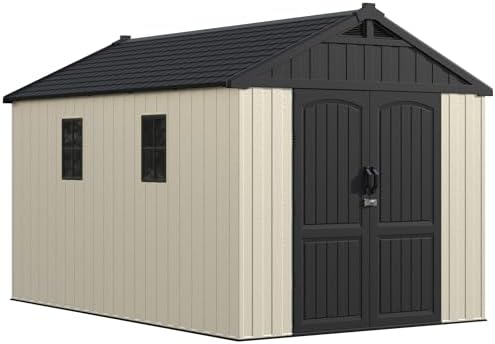 greesum 8x12ft plastic outdoor storage shed with floor, front angle view