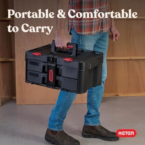 keter stack-n-roll two drawer tool box for small, front angle view