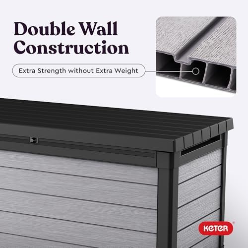 keter denali 150 gallon resin large deck box, front angle view