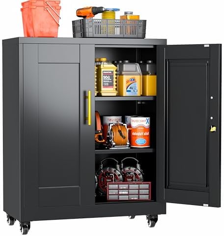 small metal storage cabinet with wheels, lockable tool on a desk or shelf