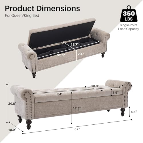 softhion 67" storage bench for bedroom, chenille upholstered shown in use