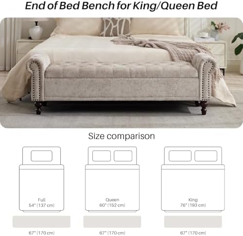 softhion 67" storage bench for bedroom, chenille upholstered showing dimensions