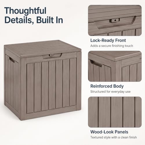 outdoor storage box resin deck box waterproof gray shown in use