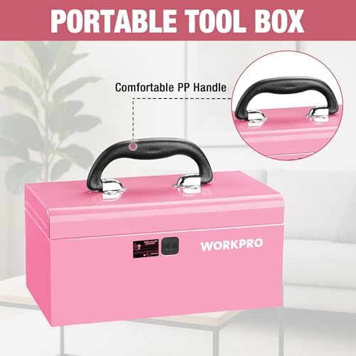 workpro 10.8" mini metal tool box with removable, side view