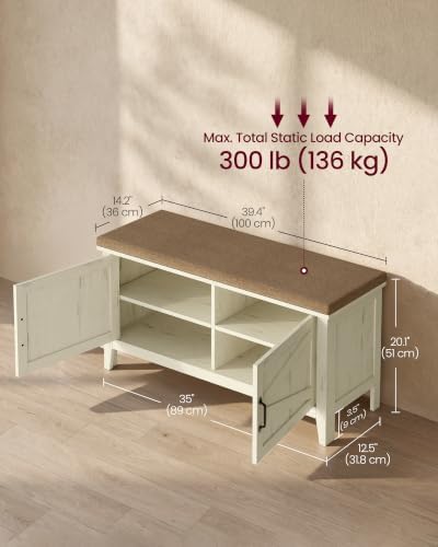 vasagle shoe bench, farmhouse entryway bench with cushion，39.4 shown in use