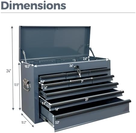 9 drawers metal tool box, 24" portable steel, close-up detail