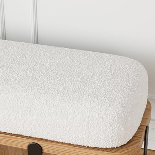 homary entryway bench, modern wooden boucle upholstered bench, close-up detail
