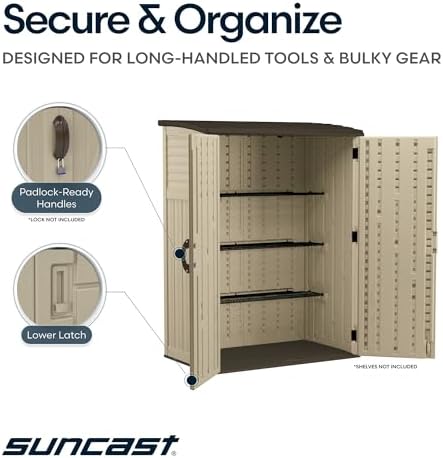 suncast outdoor storage shed, water resistant resin vertical, side view