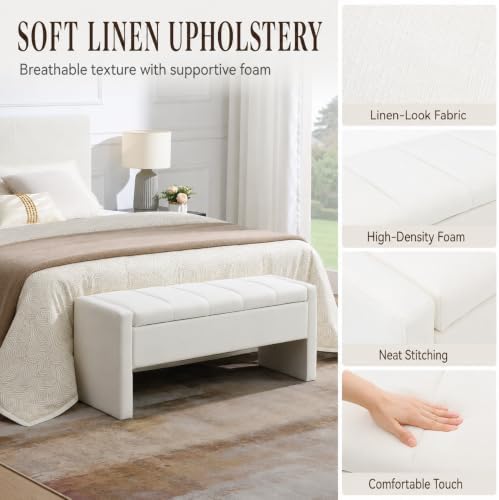 47.25 inch storage ottoman bench, linen upholstered, white, close-up detail