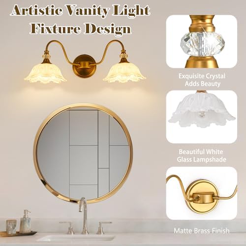 Vintage Bathroom Vanity Light, 2-Light Matte Brass Finish Vanity Light with Floral White Glass Shades, Retro Wall Sconce for Bathroom, Dressing Table