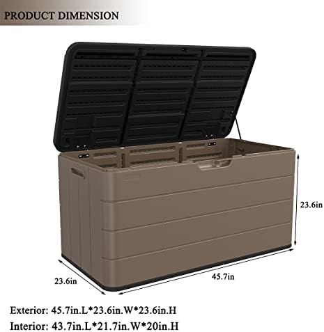 mrosaa resin deck storage box, 85 gallon outdoor showing dimensions