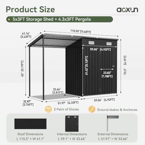 aoxun 5x3ft outdoor storage shed & hardtop canopy shown in use