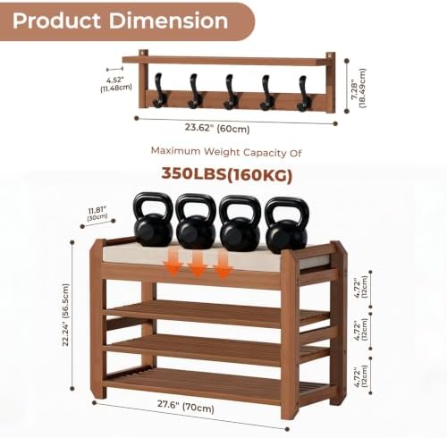 27.6" shoe rack bench with coat rack, 3-tier shown in use