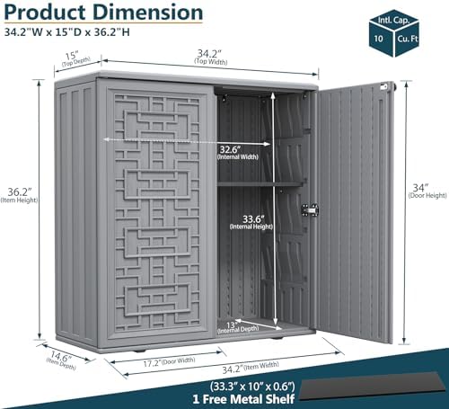 homspark indoor/outdoor storage cabinet with doors and shelf, close-up detail