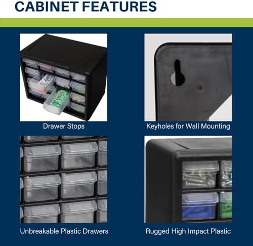 akro-mils 16-drawer plastic drawer storage cabinet for garage, close-up detail