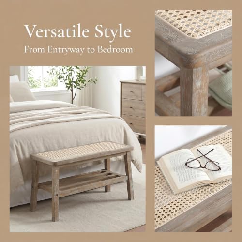 rocity 30 inch rattan bench wooden entryway bench, close-up detail