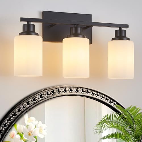 3-Light Black Bathroom Light Fixture Over Mirror,Modern Farmhouse Vanity Light,Wall Sconces with Milky White Glass Shade for Bathroom,Bedroom, Living Room,Staircase,Hallway E26