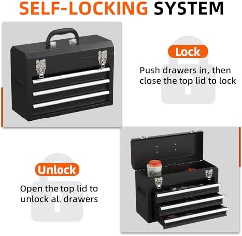 portable metal tool box – 3 drawers lockable, close-up detail