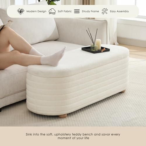 53" modern storage ottoman bench, white sherpa, side view