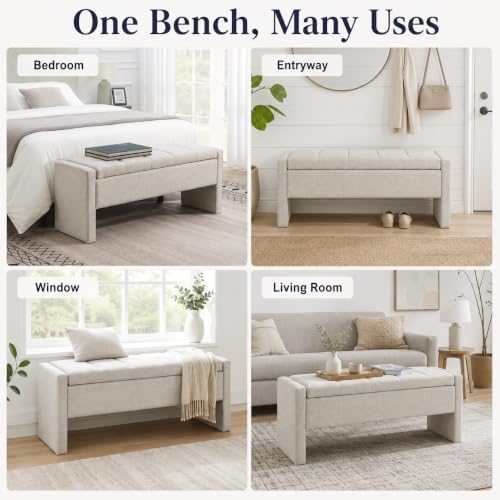 47.25 inch storage ottoman bench, linen upholstered, light on a desk or shelf