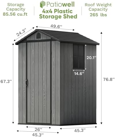 patiowell 4 x 4 ft plastic outdoor storage shown in use