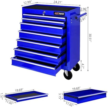 7 drawers rolling tool chest on wheels, multifunctional, close-up detail