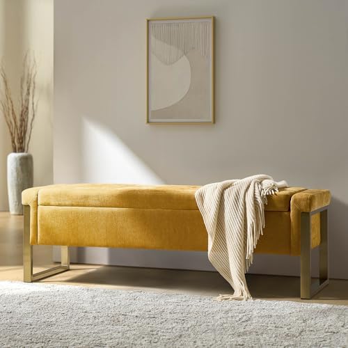 modern storage ottoman bench with gold metal legs, close-up detail