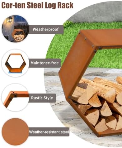 firewood rack outdoor, corten steel hexagon firewood holder showing dimensions