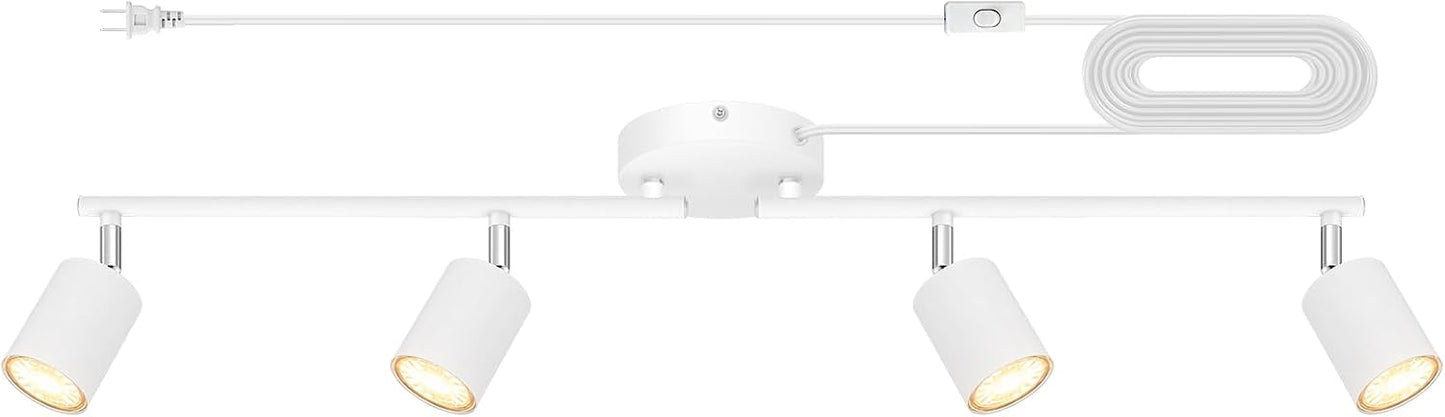 Plug in Track Lighting LED, Track Lighting Fixtures Ceiling, White 4-Light Kitchen Light Kit, Plug in Wall Light with 14.8ft Power Cord, Rotatable Ceiling Spotlight for Bedroom(GU10 Socket, NO Bulb)