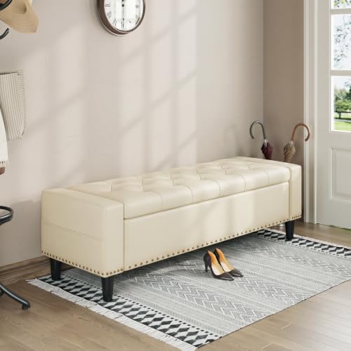 60" storage ottoman bench, faux leather upholstered bed, front angle view