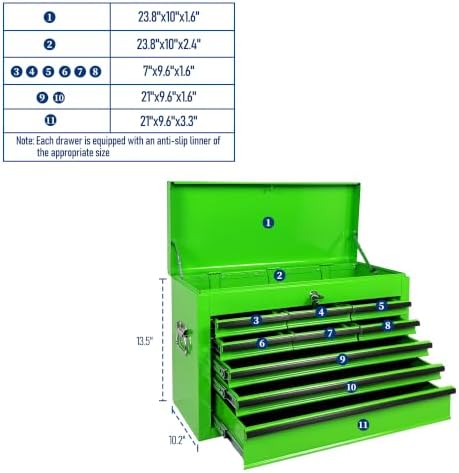 9 drawers metal tool box, 24" portable steel, side view