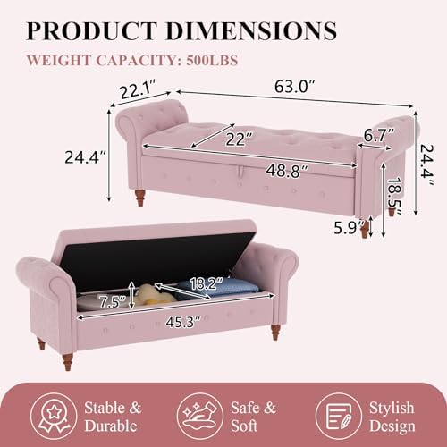 63'' storage ottoman bench, upholstered bed bench, pink shown in use