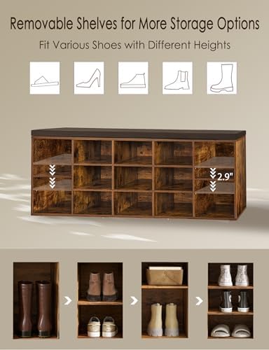 dinzi lvj shoe storage bench with cushion, 15-cubby showing dimensions
