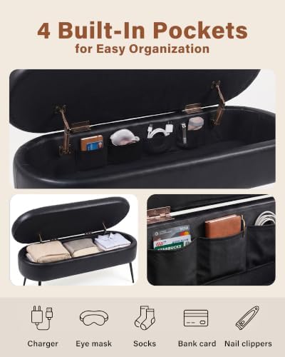 storage ottoman bench, 43.7" pu leather end of showing dimensions