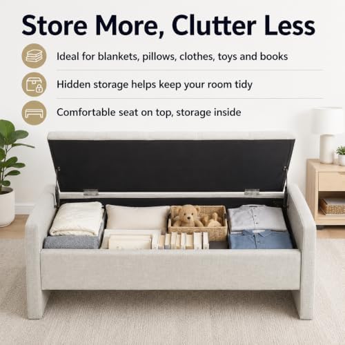 47.25 inch storage ottoman bench, linen upholstered, light showing dimensions