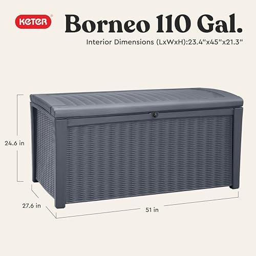 keter borneo outdoor storage deck box, 110 gallon shown in use
