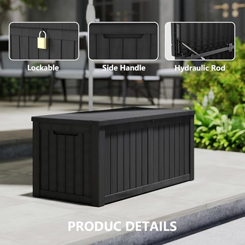 lausaint home 230 gallon resin deck box, package shown in use