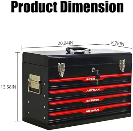 4 drawer 21" heavy duty metal tool box, close-up detail