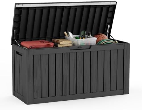85 gallon outdoor deck box, resin waterproof storage shown in use