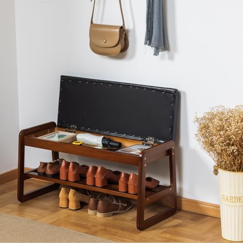 sobibo solid wood shoe rack bench with flip-top shown in use